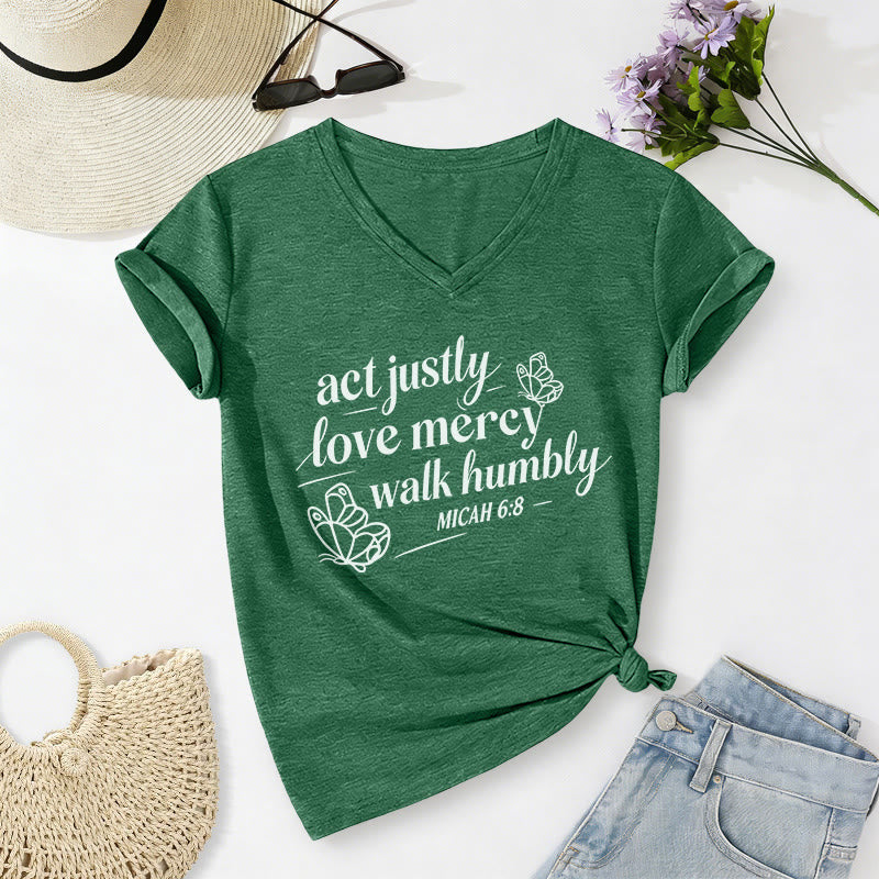 Christianartworkshop Actúa con justicia, ama la misericordia, camina con humildad. Miqueas 6:8. Camiseta informal con cuello en V y estampado de mariposa. - Verde oscuro - 2XL - image 14