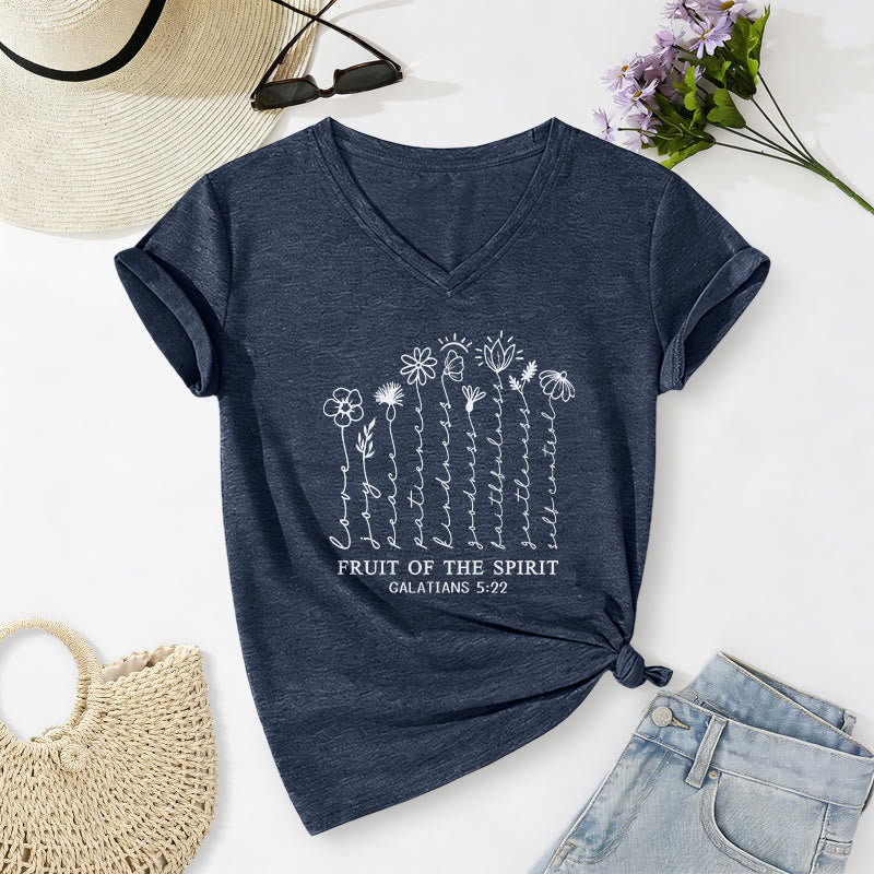Christianartworkshop Fruto del Espíritu Santo Gálatas 5:22 Camiseta informal con cuello en V y estampado floral - Azul marino - 2XL - image 18