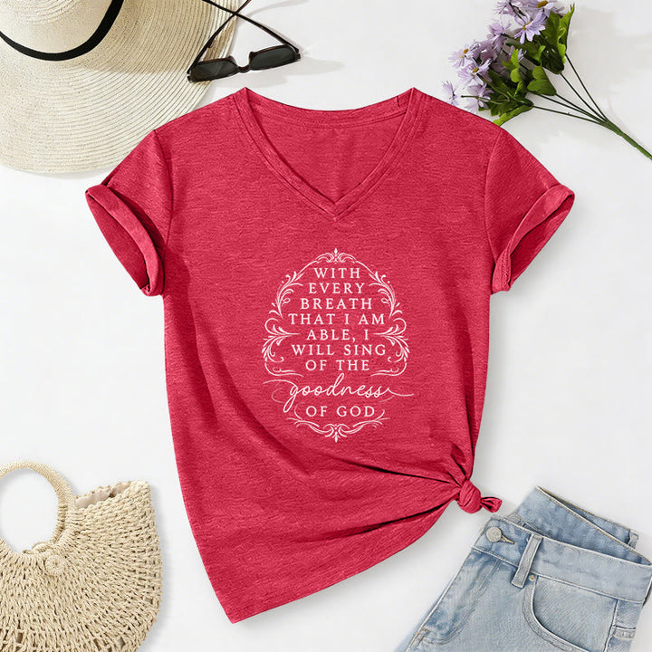 Christianartworkshop Con cada aliento cantaré sobre la bondad de Dios. Camiseta informal con cuello en V y estampado floral inspirador. - Rojo - 2XL - image 22