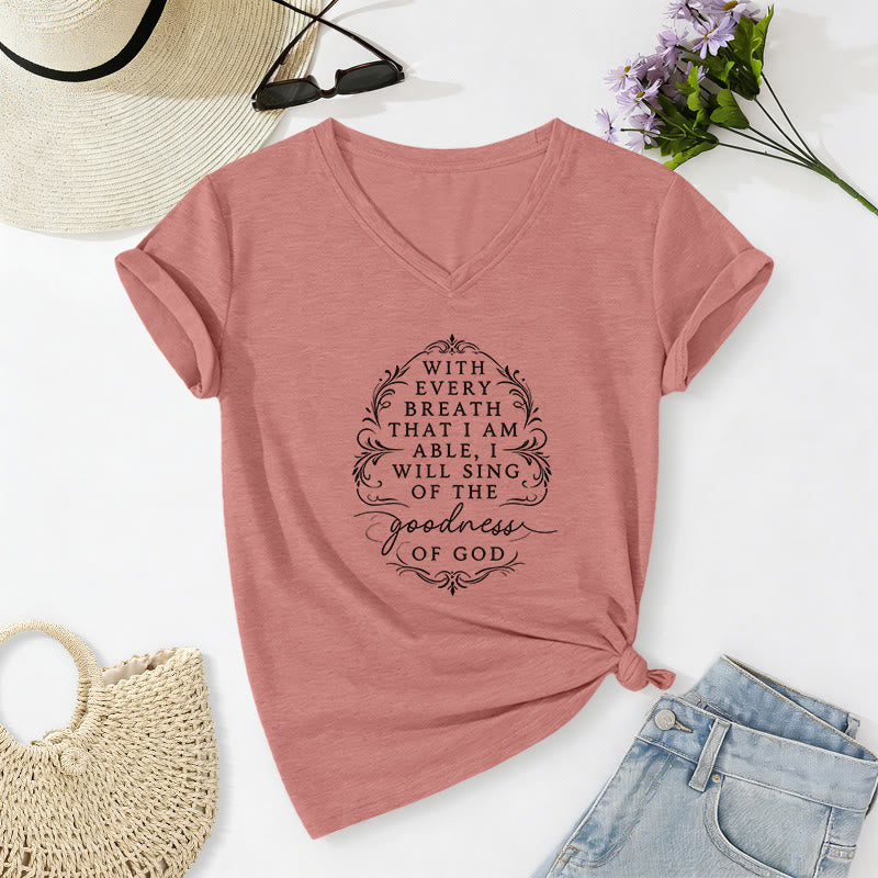 Christianartworkshop Con cada aliento cantaré sobre la bondad de Dios. Camiseta informal con cuello en V y estampado floral inspirador. - rosa claro - 2XL - image 12