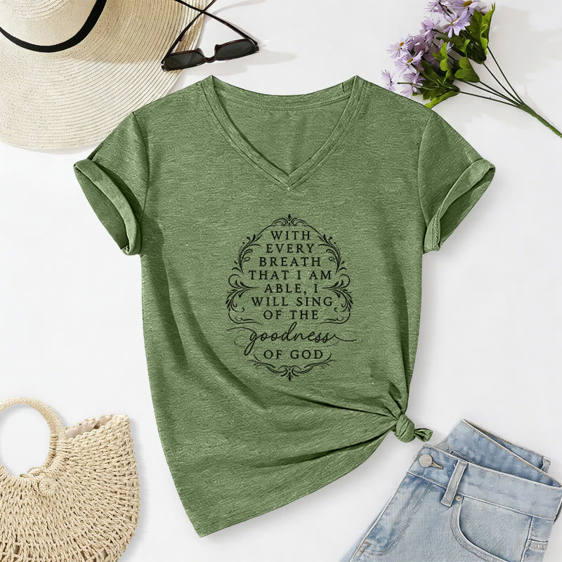 Christianartworkshop Con cada aliento cantaré sobre la bondad de Dios. Camiseta informal con cuello en V y estampado floral inspirador. - Verde oliva - 2XL - image 6