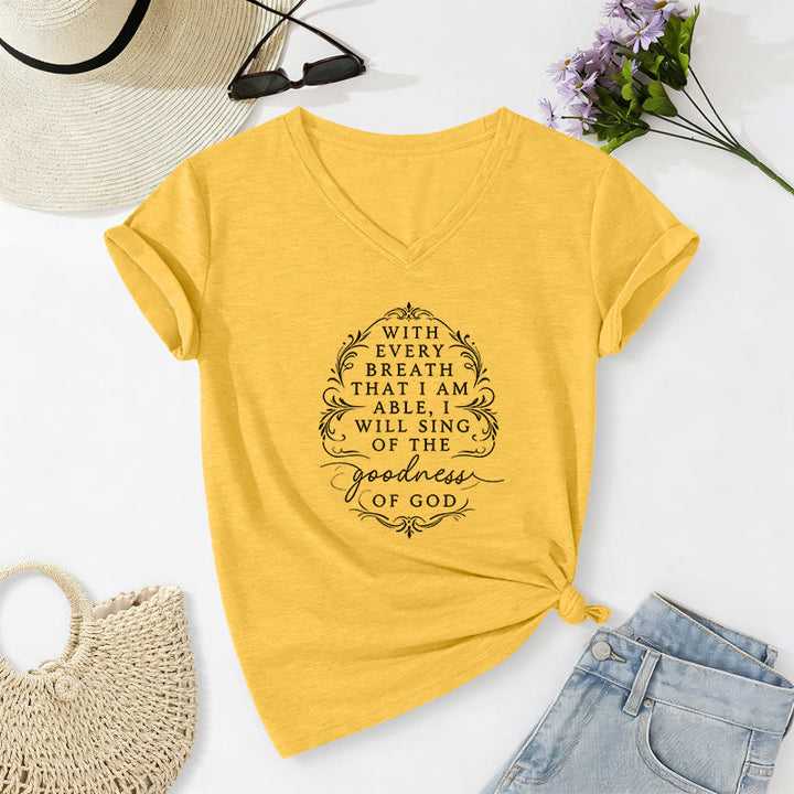 Christianartworkshop Con cada aliento cantaré sobre la bondad de Dios. Camiseta informal con cuello en V y estampado floral inspirador. - Amarillo - 2XL - image 2
