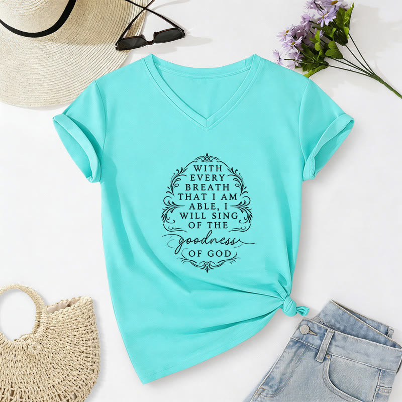 Christianartworkshop Con cada aliento cantaré sobre la bondad de Dios. Camiseta informal con cuello en V y estampado floral inspirador. - Azul cielo - 2XL - image 10