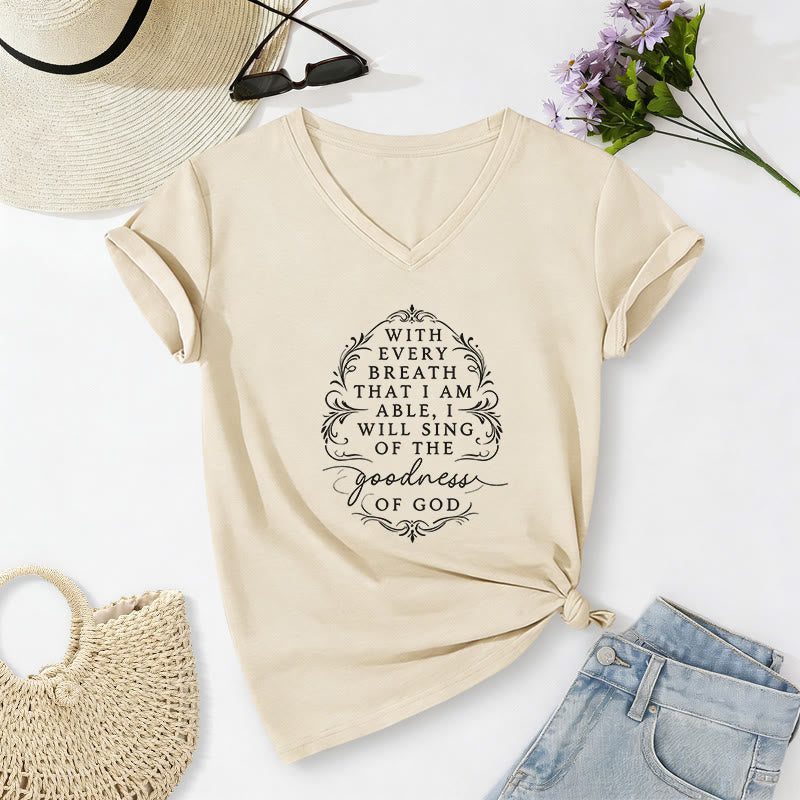 Christianartworkshop Con cada aliento cantaré sobre la bondad de Dios. Camiseta informal con cuello en V y estampado floral inspirador. - Beige - 2XL - image 4