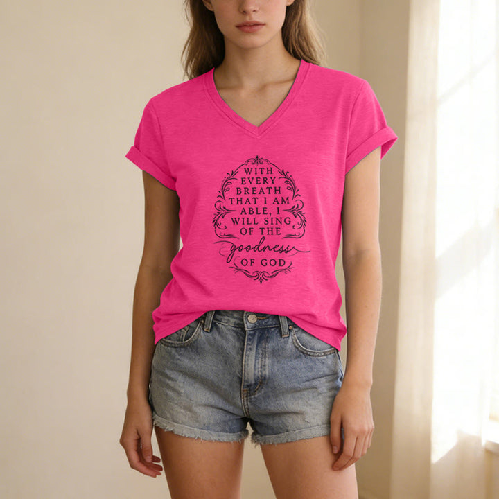 Christianartworkshop Con cada aliento cantaré sobre la bondad de Dios. Camiseta informal con cuello en V y estampado floral inspirador. - image 25