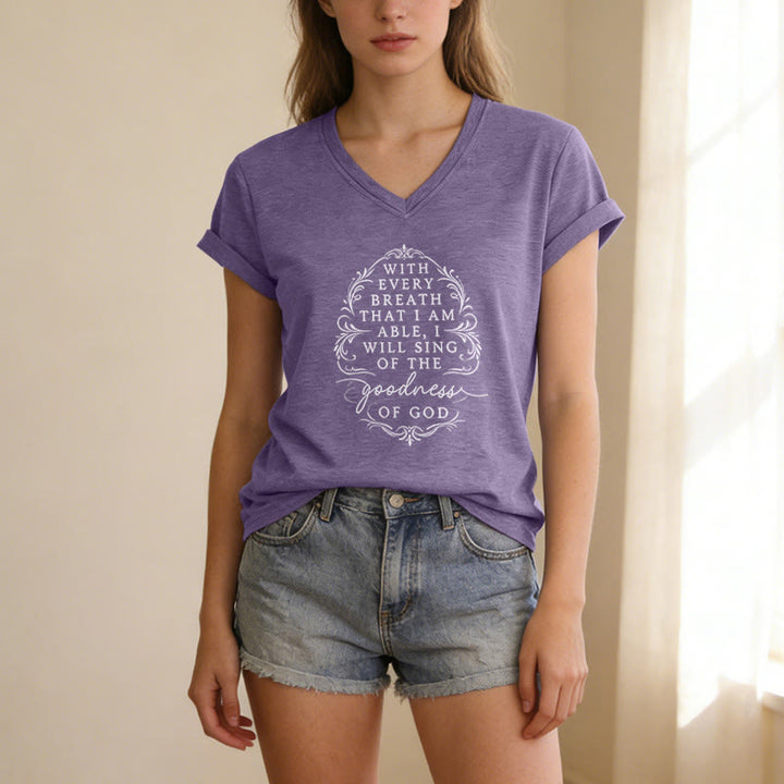 Christianartworkshop Con cada aliento cantaré sobre la bondad de Dios. Camiseta informal con cuello en V y estampado floral inspirador. - image 1