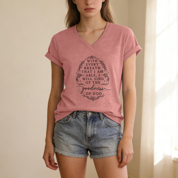 Christianartworkshop Con cada aliento cantaré sobre la bondad de Dios. Camiseta informal con cuello en V y estampado floral inspirador. - image 13