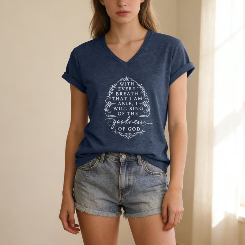 Christianartworkshop Con cada aliento cantaré sobre la bondad de Dios. Camiseta informal con cuello en V y estampado floral inspirador. - image 19