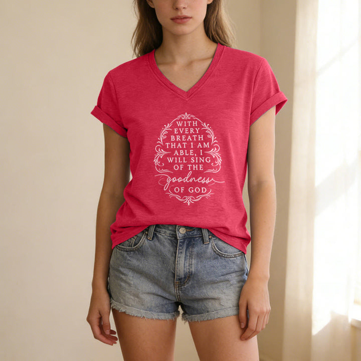 Christianartworkshop Con cada aliento cantaré sobre la bondad de Dios. Camiseta informal con cuello en V y estampado floral inspirador. - image 23
