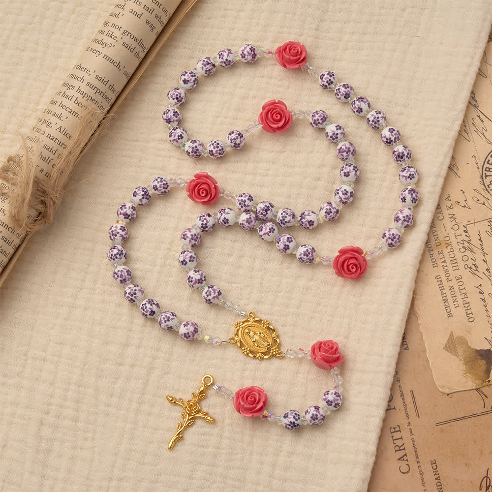 Christianartworkshop Rosario floral morado Spring Grace con rosa rosa y cruz - Nuestra Señora y la Cruz - image 0
