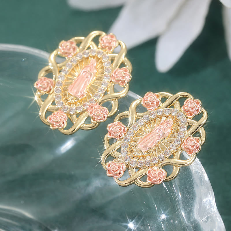 Christianartworkshop Pendientes marianos ornamentados con rosas rosas y halo de circonitas: un símbolo de devoción. - Oval - image 0