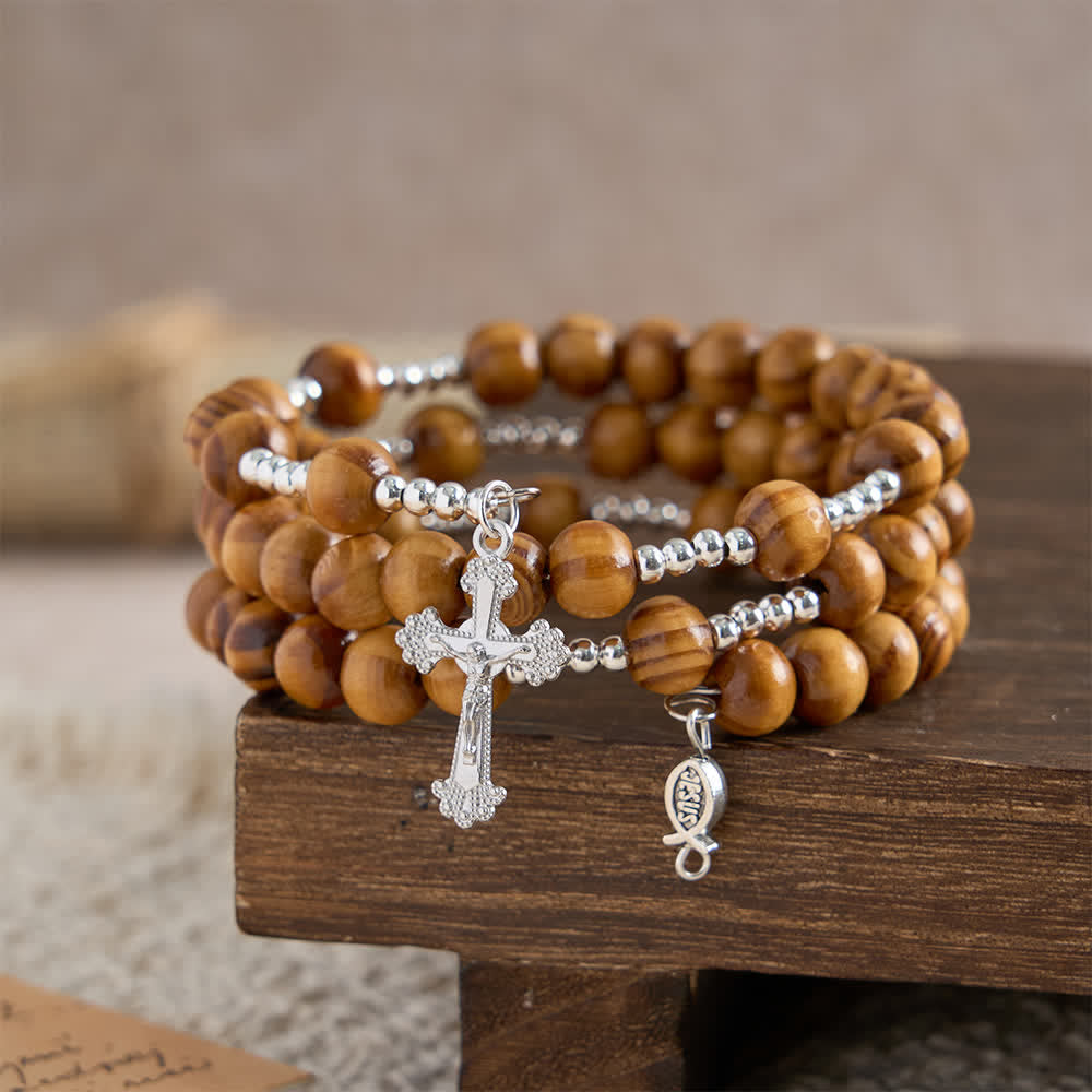 Christianartworkshop Pulsera de rosario de alambre con memoria de madera de olivo natural con ichthys y crucifijo. - image 4