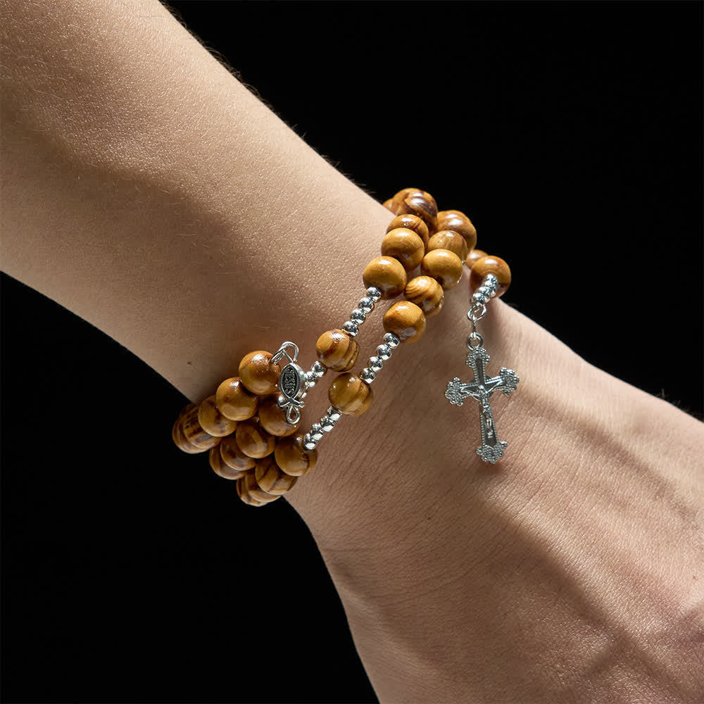 Christianartworkshop Pulsera de rosario de alambre con memoria de madera de olivo natural con ichthys y crucifijo. - image 1