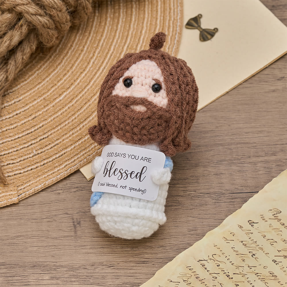 Christianartworkshop Muñeco de Jesús tejido a crochet con tarjeta de bendición: Emblema de afirmación y consuelo divinos. - image 1
