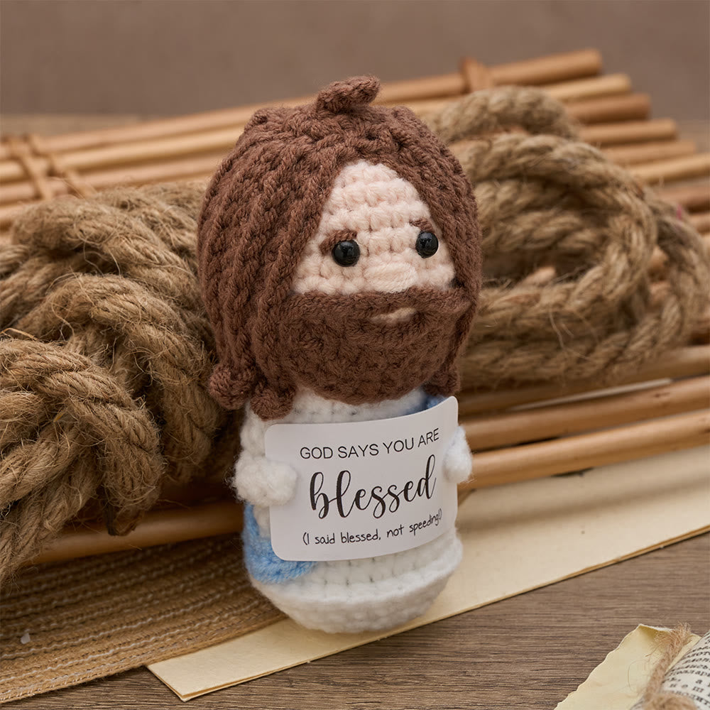 Christianartworkshop Muñeco de Jesús tejido a crochet con tarjeta de bendición: Emblema de afirmación y consuelo divinos. - Jesús - image 0