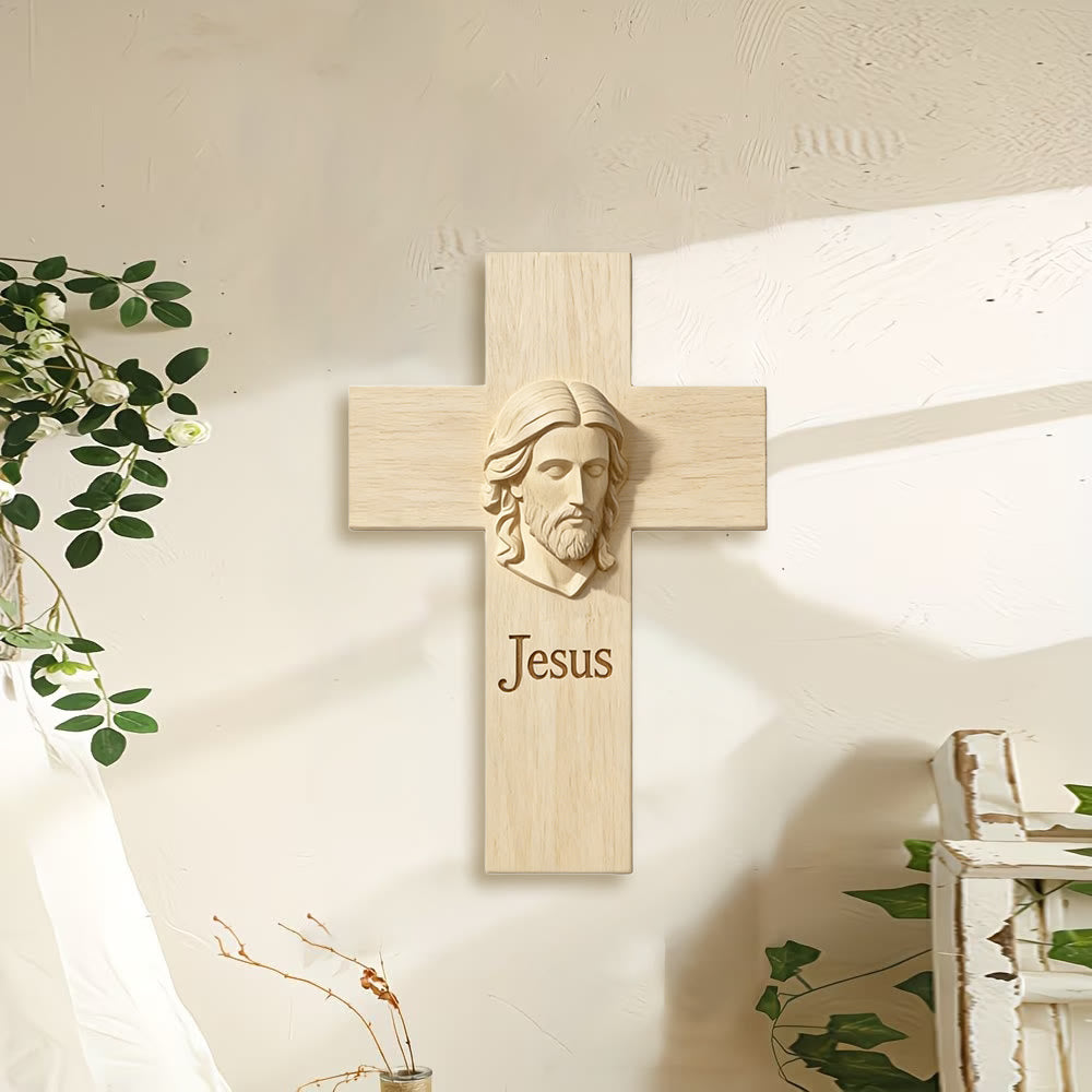 Christianartworkshop Cruz de madera natural para decoración de pared con imagen impresa de Jesús: Un recordatorio de fe y amor. - image 1