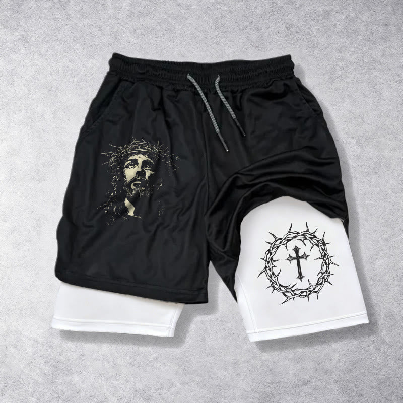 Christianartworkshop Pantalones cortos de alto rendimiento con estampado de Jesús y la Cruz de la Corona de Espinas. - image 1