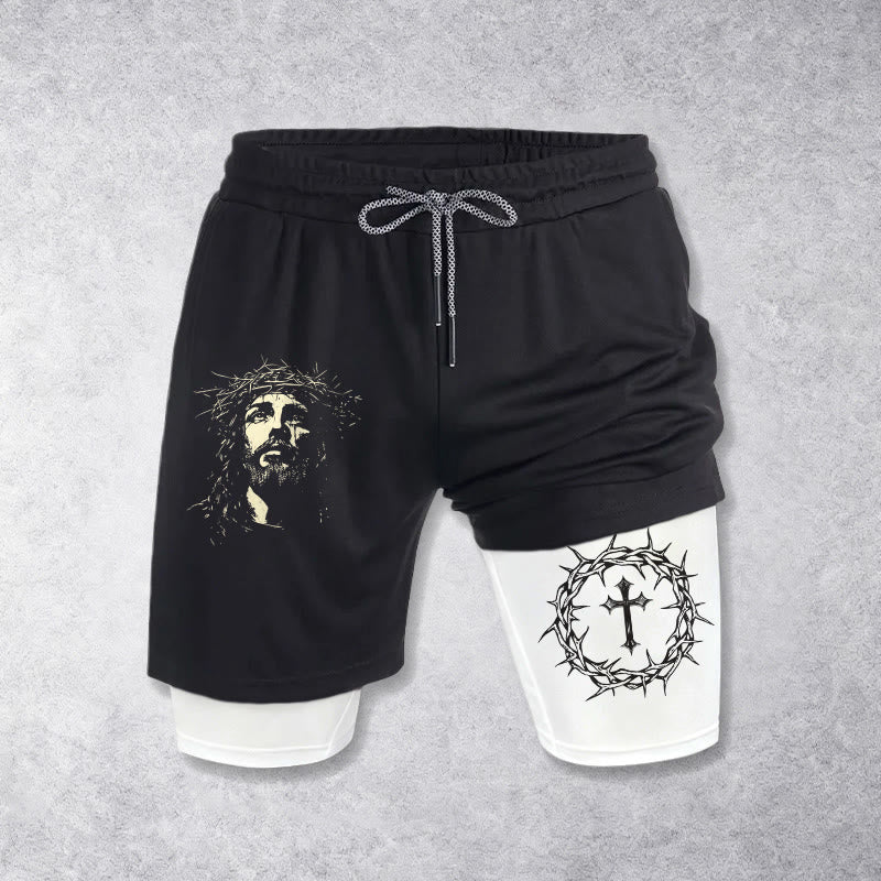 Christianartworkshop Pantalones cortos de alto rendimiento con estampado de Jesús y la Cruz de la Corona de Espinas. - Blanco - 3XL - image 0
