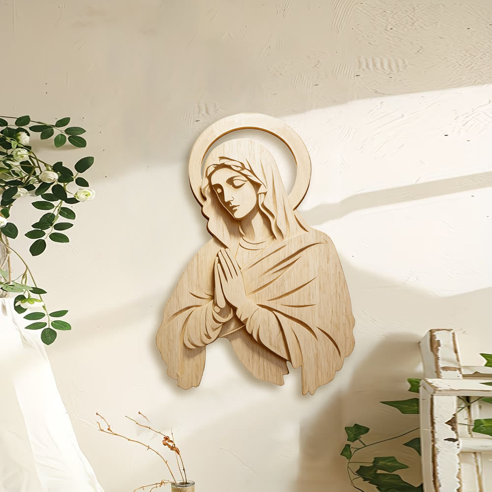 Christianartworkshop Decoración de pared clásica de madera natural con estampado de la Virgen María: un emblema atemporal de devoción inquebrantable. - image 1