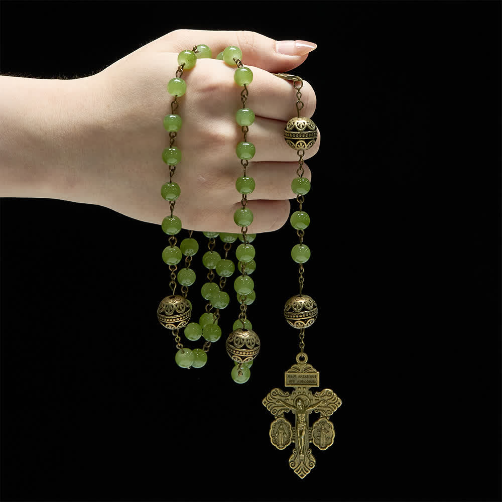 Christianartworkshop Rosario de filigrana de bronce y cristal verde oliva con la imagen de Nuestra Señora. - image 1