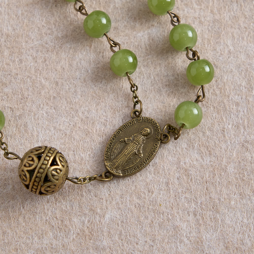 Christianartworkshop Rosario de filigrana de bronce y cristal verde oliva con la imagen de Nuestra Señora. - image 8