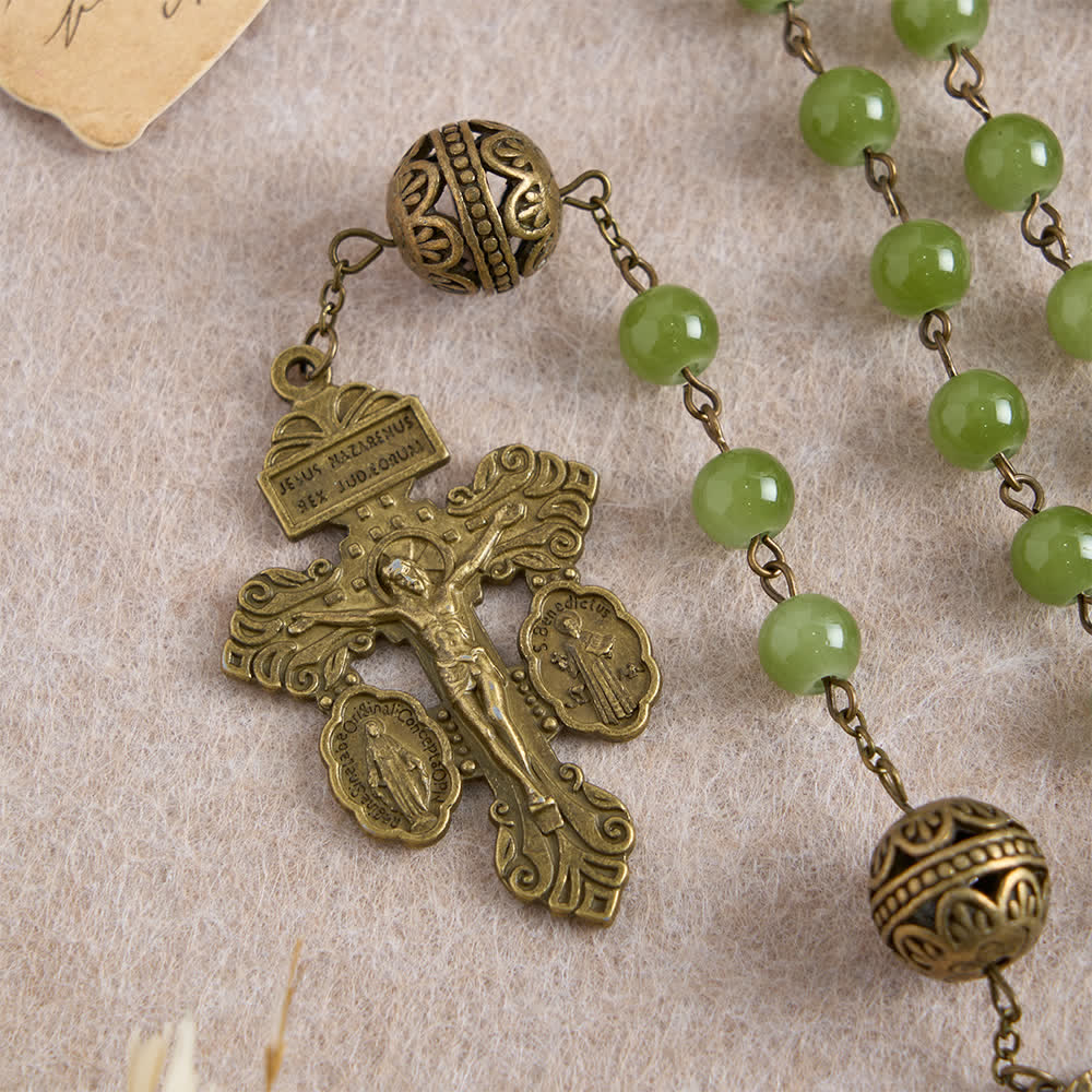Christianartworkshop Rosario de filigrana de bronce y cristal verde oliva con la imagen de Nuestra Señora. - image 7
