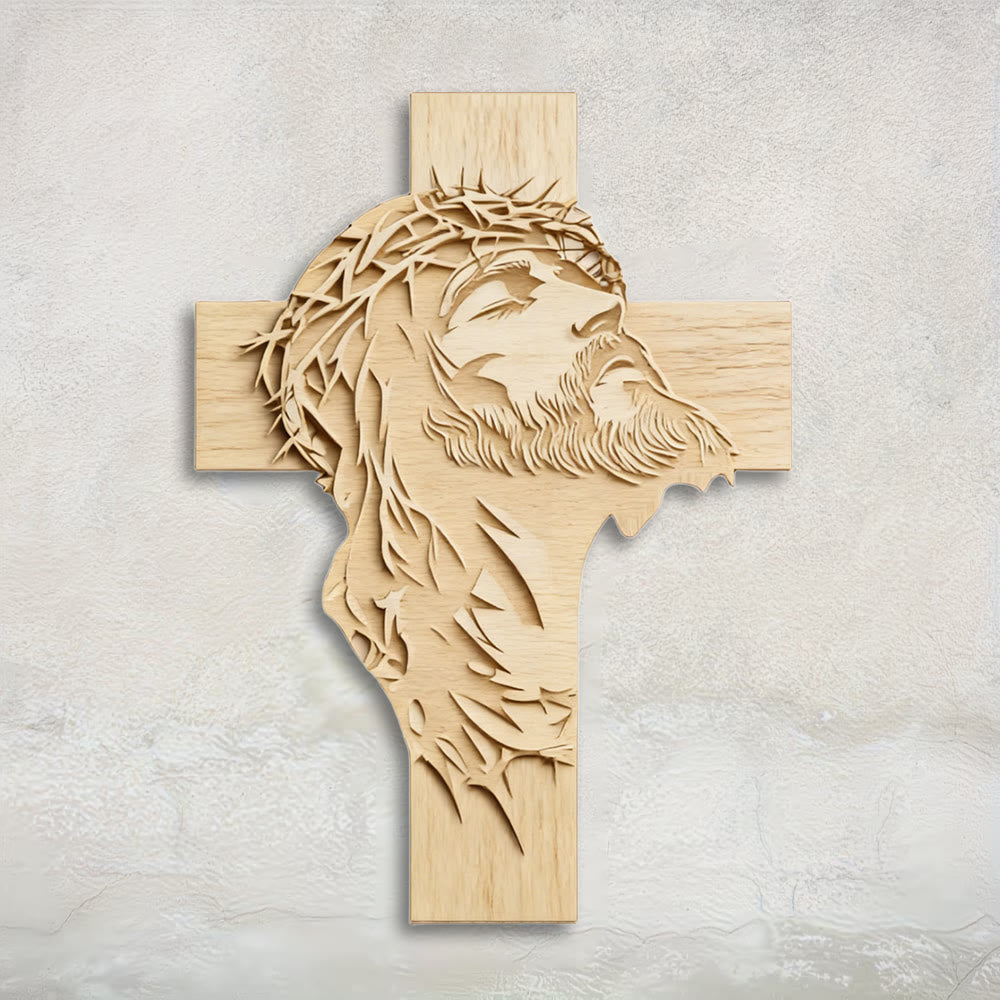 Christianartworkshop Cruz de madera rústica y cálida para decoración de pared con estampado de Jesús con corona de espinas. - 14,17''*19,7''*0,2''/36*50*0,5 cm - image 0