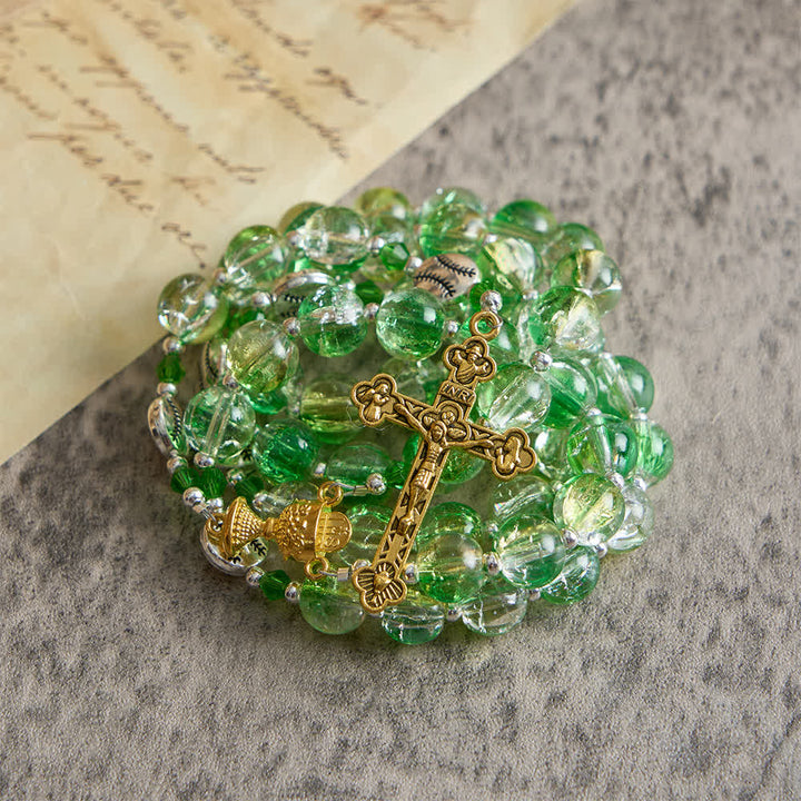 Christianartworkshop Rosario de cristal craquelado amarillo verdoso: Cuentas con forma de pelota de tenis y medalla de la Eucaristía para la fe en movimiento. - image 5