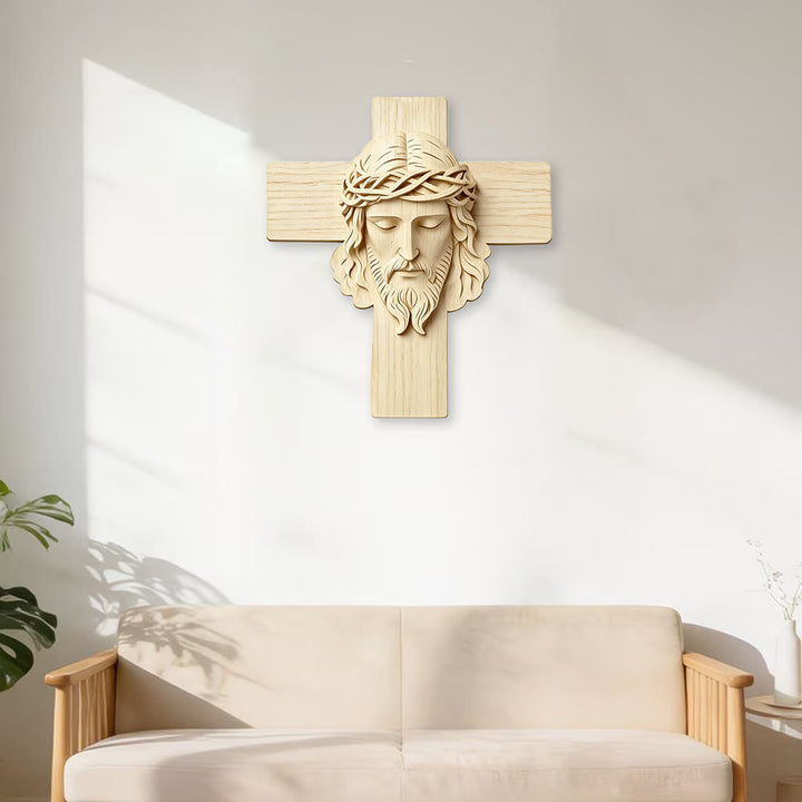 Christianartworkshop Colgante de pared atemporal con cruz de madera y estampado en 2D de Jesús con los ojos cerrados. - image 3