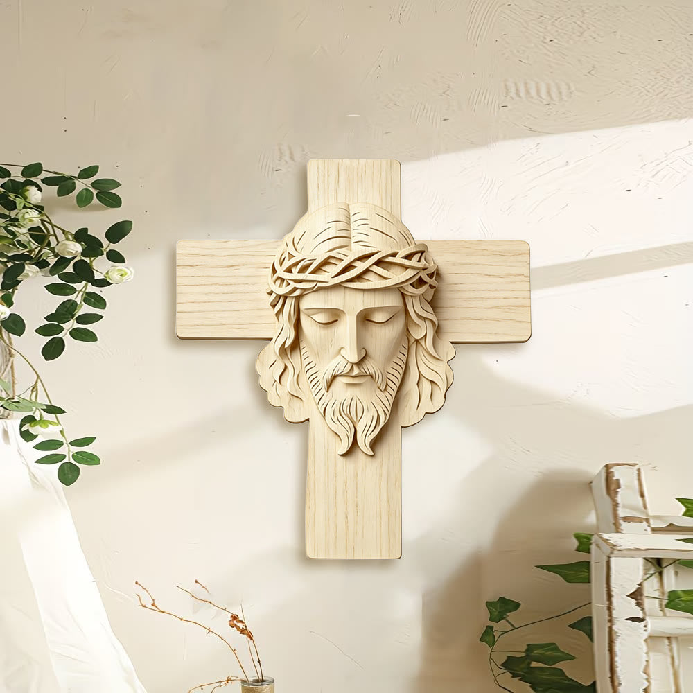 Christianartworkshop Colgante de pared atemporal con cruz de madera y estampado en 2D de Jesús con los ojos cerrados. - image 1