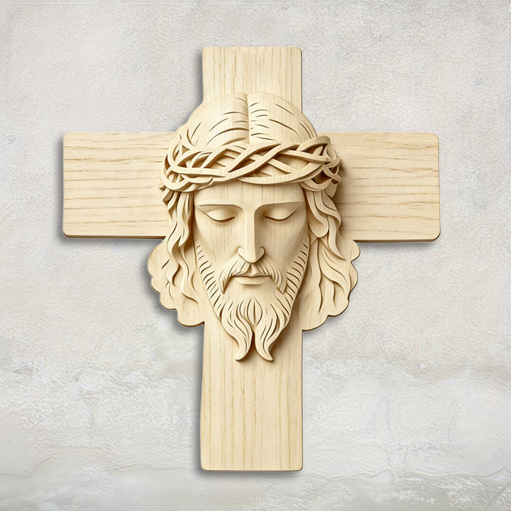Christianartworkshop Colgante de pared atemporal con cruz de madera y estampado en 2D de Jesús con los ojos cerrados. - 13,98''*15,75''*0,2''/35,5*40*0,5 cm - image 0
