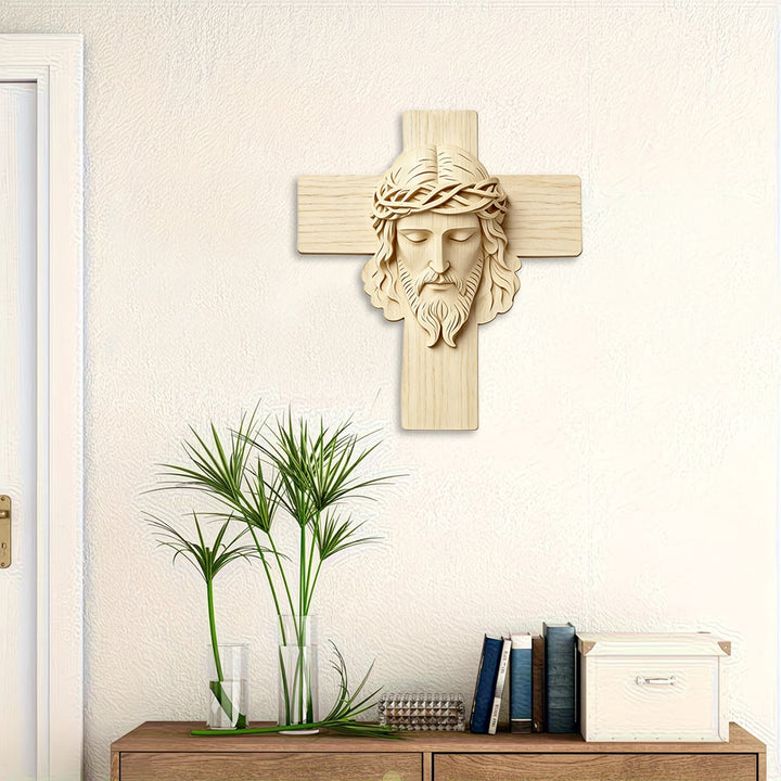 Christianartworkshop Colgante de pared atemporal con cruz de madera y estampado en 2D de Jesús con los ojos cerrados. - image 2