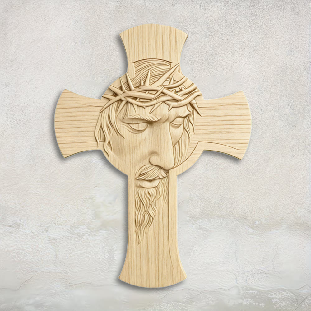 Christianartworkshop Cuadro minimalista de madera con cruz y estampado en 2D de la corona de espinas de Jesús: un emblema de devoción y gracia. - 14,8''*19,7''*0,2''/37,6*50*0,5 cm - image 0