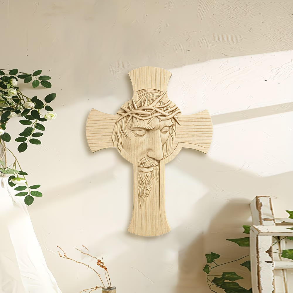 Christianartworkshop Cuadro minimalista de madera con cruz y estampado en 2D de la corona de espinas de Jesús: un emblema de devoción y gracia. - image 1