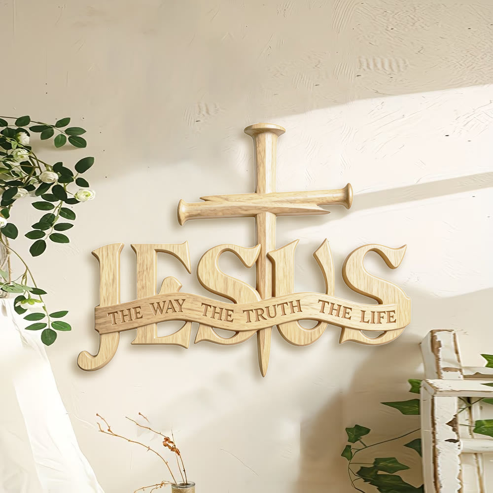 Christianartworkshop Decoración rústica de pared de madera con la inscripción JESÚS EL CAMINO LA VERDAD LA VIDA y una cruz. - image 1