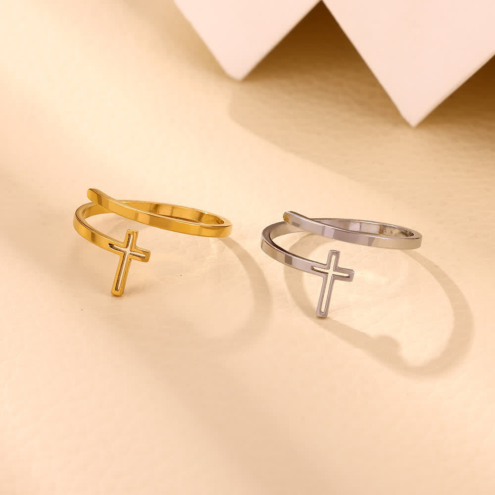 Christianartworkshop Conjunto de anillos minimalistas con cruz envolvente: joyería religiosa apilable para uso diario. - image 1