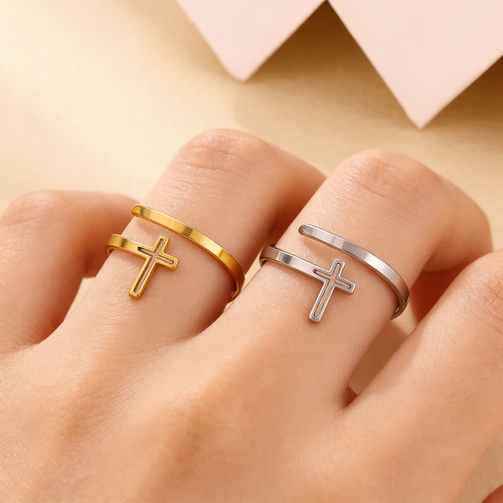 Christianartworkshop Conjunto de anillos minimalistas con cruz envolvente: joyería religiosa apilable para uso diario. - 1 juego (dorado y plateado) Adecuado para tallas estadounidenses 7-9 - image 0