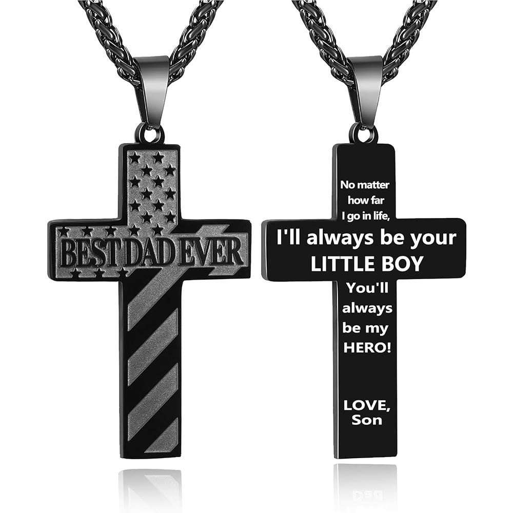 Christianartworkshop Collar con cruz patriótica "Siempre serás mi héroe": Un regalo sentimental para papá de parte de su hijo, hija y hermano, emblema de unión familiar y fe. - EL MEJOR PAPÁ DEL MUNDO - hijo - Negro - image 0