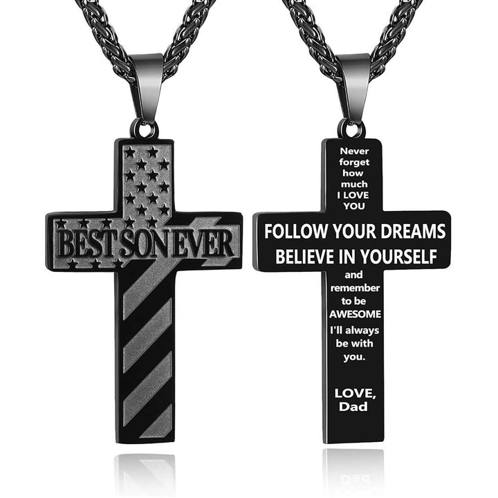 Christianartworkshop Collar con cruz patriótica "Siempre serás mi héroe": Un regalo sentimental para papá de parte de su hijo, hija y hermano, emblema de unión familiar y fe. - EL MEJOR HIJO DEL MUNDO - papá - Negro - image 12