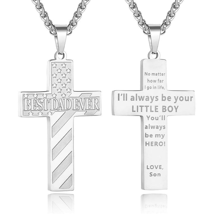 Christianartworkshop Collar con cruz patriótica "Siempre serás mi héroe": Un regalo sentimental para papá de parte de su hijo, hija y hermano, emblema de unión familiar y fe. - EL MEJOR PAPÁ DEL MUNDO - hijo - Silver - image 2
