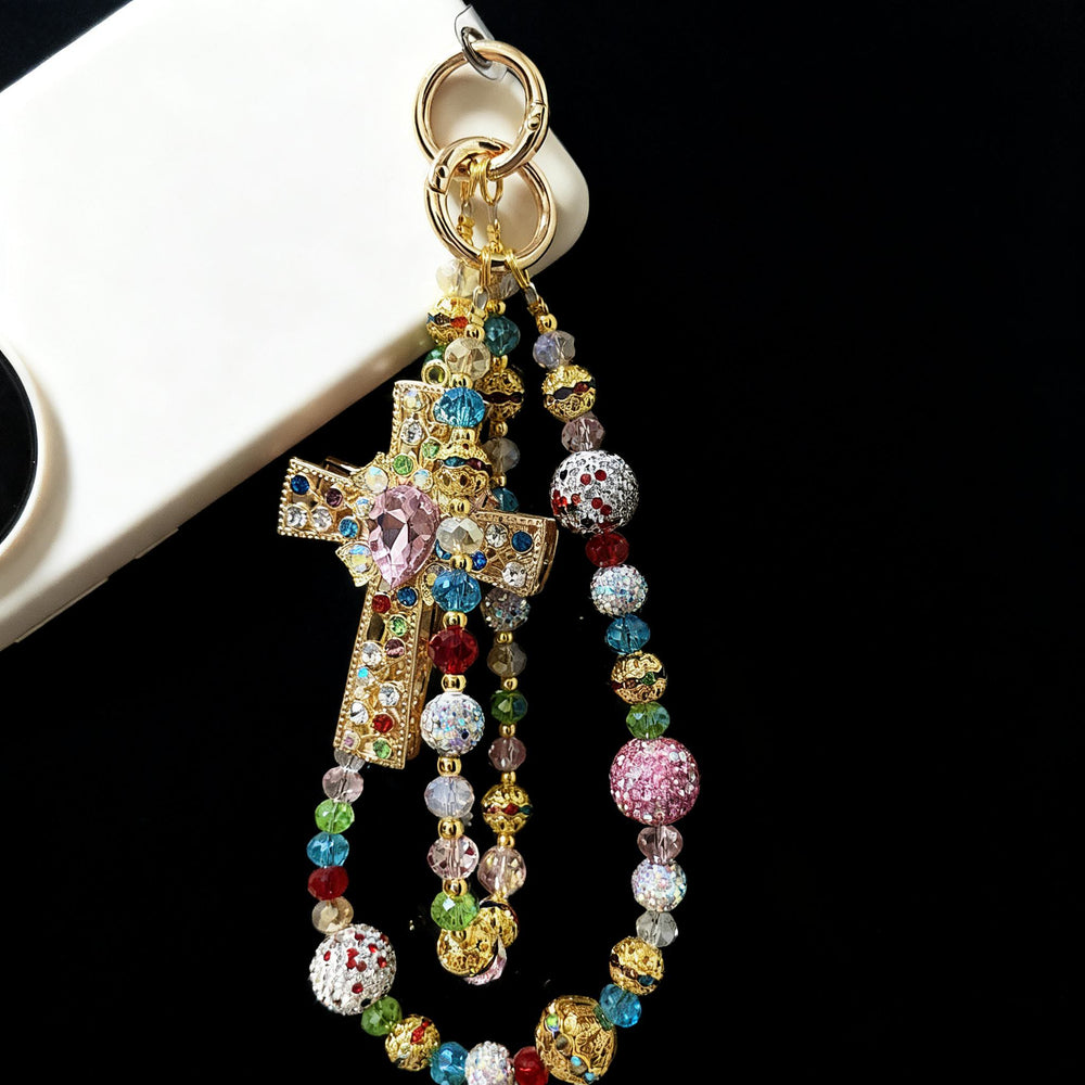 Christianartworkshop Colgante para teléfono con cruz de cristal de colores y borla de cuentas: un símbolo de fe vibrante y luz divina. - image 1