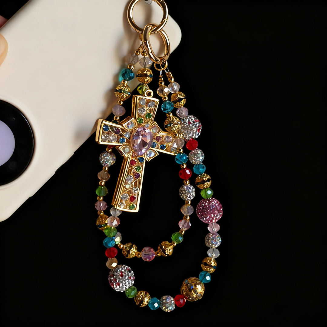 Christianartworkshop Colgante para teléfono con cruz de cristal de colores y borla de cuentas: un símbolo de fe vibrante y luz divina. - Cadena doble - image 0