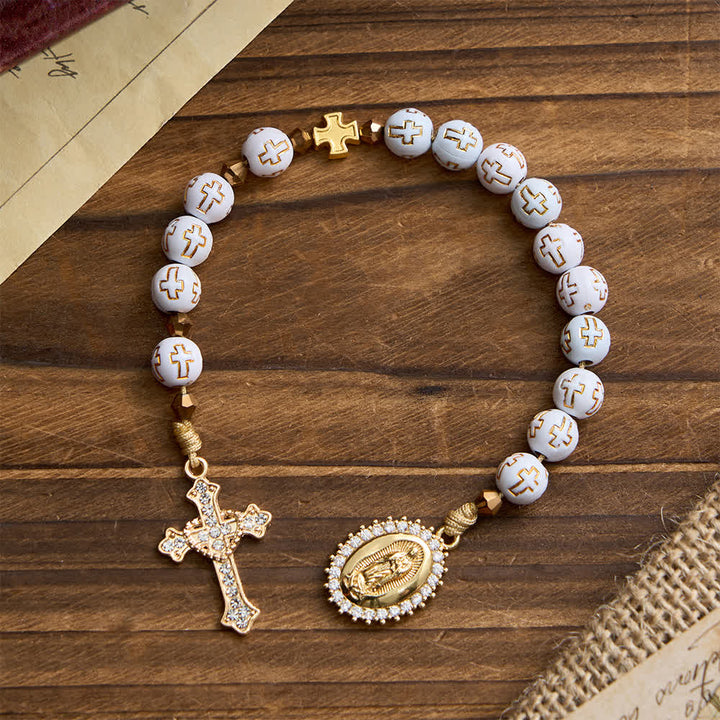 Christianartworkshop Rosario de bolsillo con cruz blanca: Medalla brillante de Nuestra Señora para la fe pura. - Nuestra Señora y la Cruz - image 0