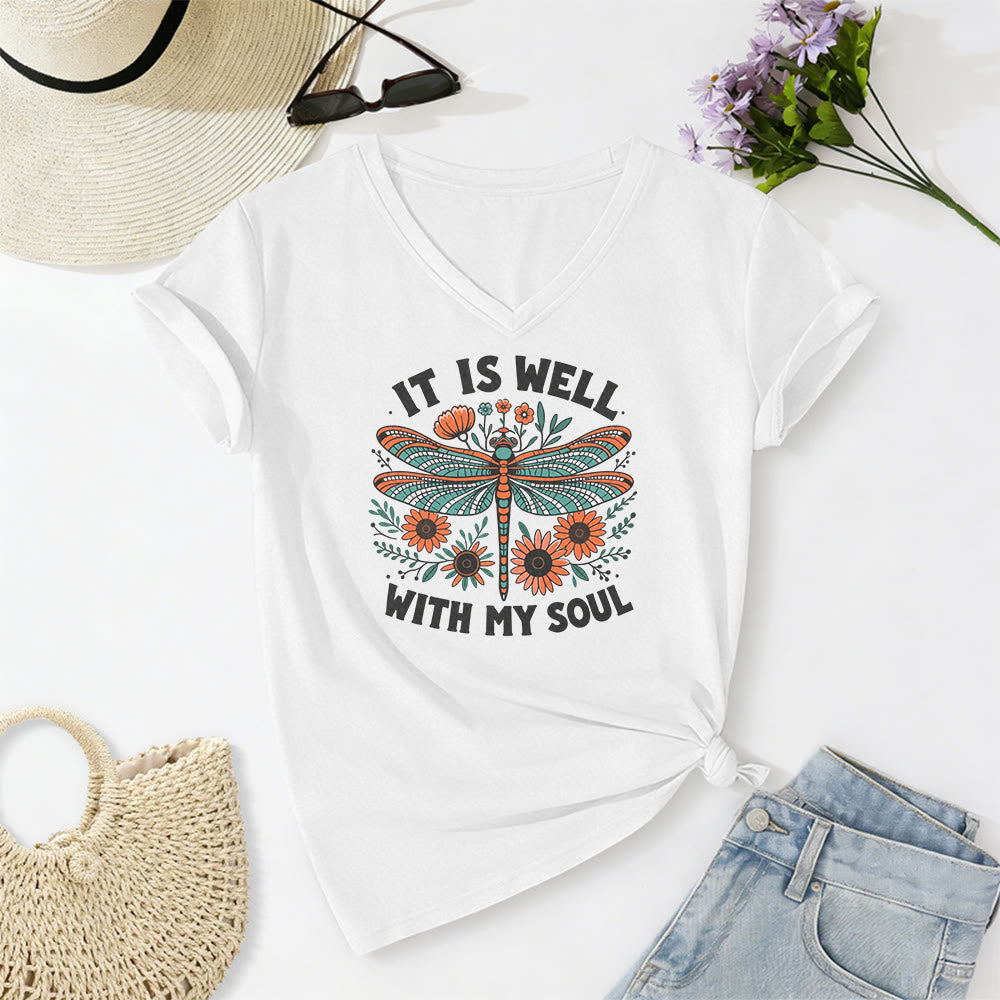 Christianartworkshop Camiseta informal con cuello en V y estampado floral de libélulas "It Is Well With My Soul" - Blanco - 2XL - image 8
