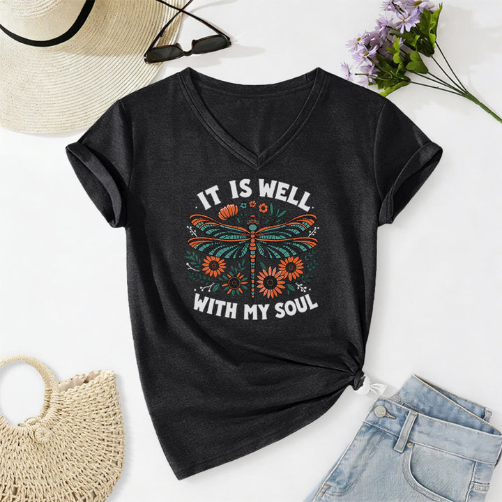 Christianartworkshop Camiseta informal con cuello en V y estampado floral de libélulas "It Is Well With My Soul" - Negro - 2XL - image 12