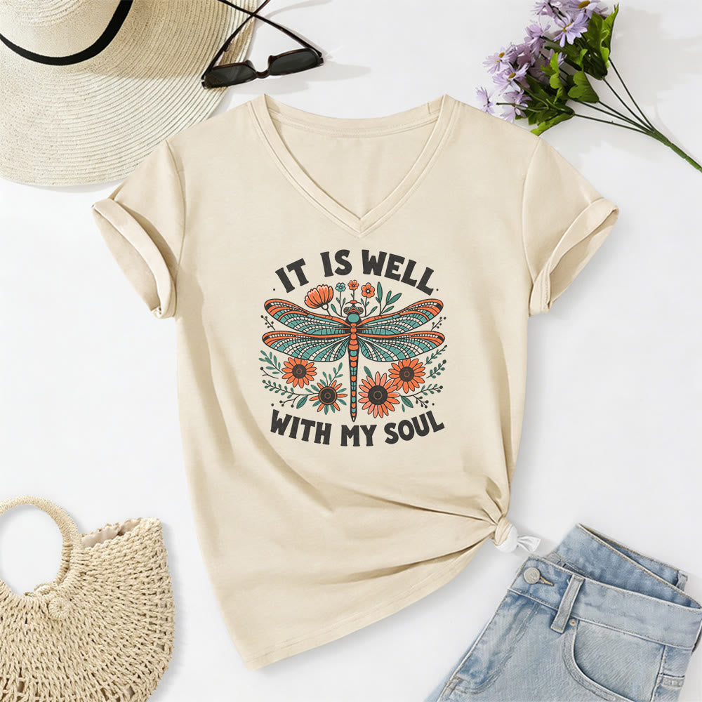 Christianartworkshop Camiseta informal con cuello en V y estampado floral de libélulas "It Is Well With My Soul" - Beige - 2XL - image 2