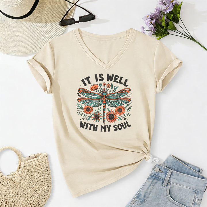 Christianartworkshop Camiseta informal con cuello en V y estampado floral de libélulas "It Is Well With My Soul" - Beige - 2XL - image 2