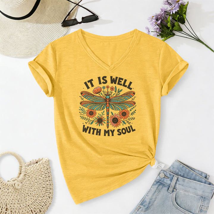 Christianartworkshop Camiseta informal con cuello en V y estampado floral de libélulas "It Is Well With My Soul" - Amarillo - 2XL - image 4
