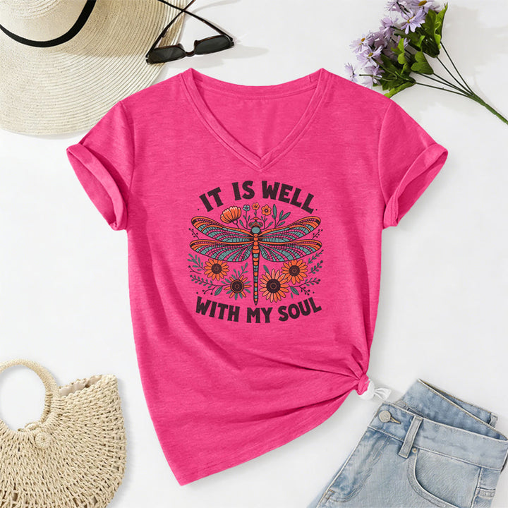 Christianartworkshop Camiseta informal con cuello en V y estampado floral de libélulas "It Is Well With My Soul" - Rosa - 2XL - image 24