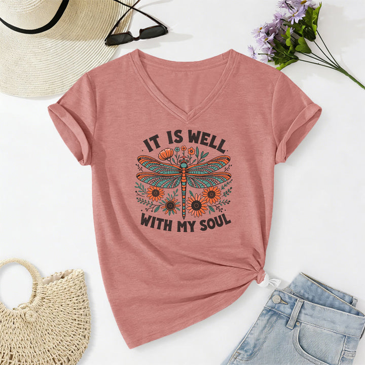 Christianartworkshop Camiseta informal con cuello en V y estampado floral de libélulas "It Is Well With My Soul" - rosa claro - 2XL - image 10